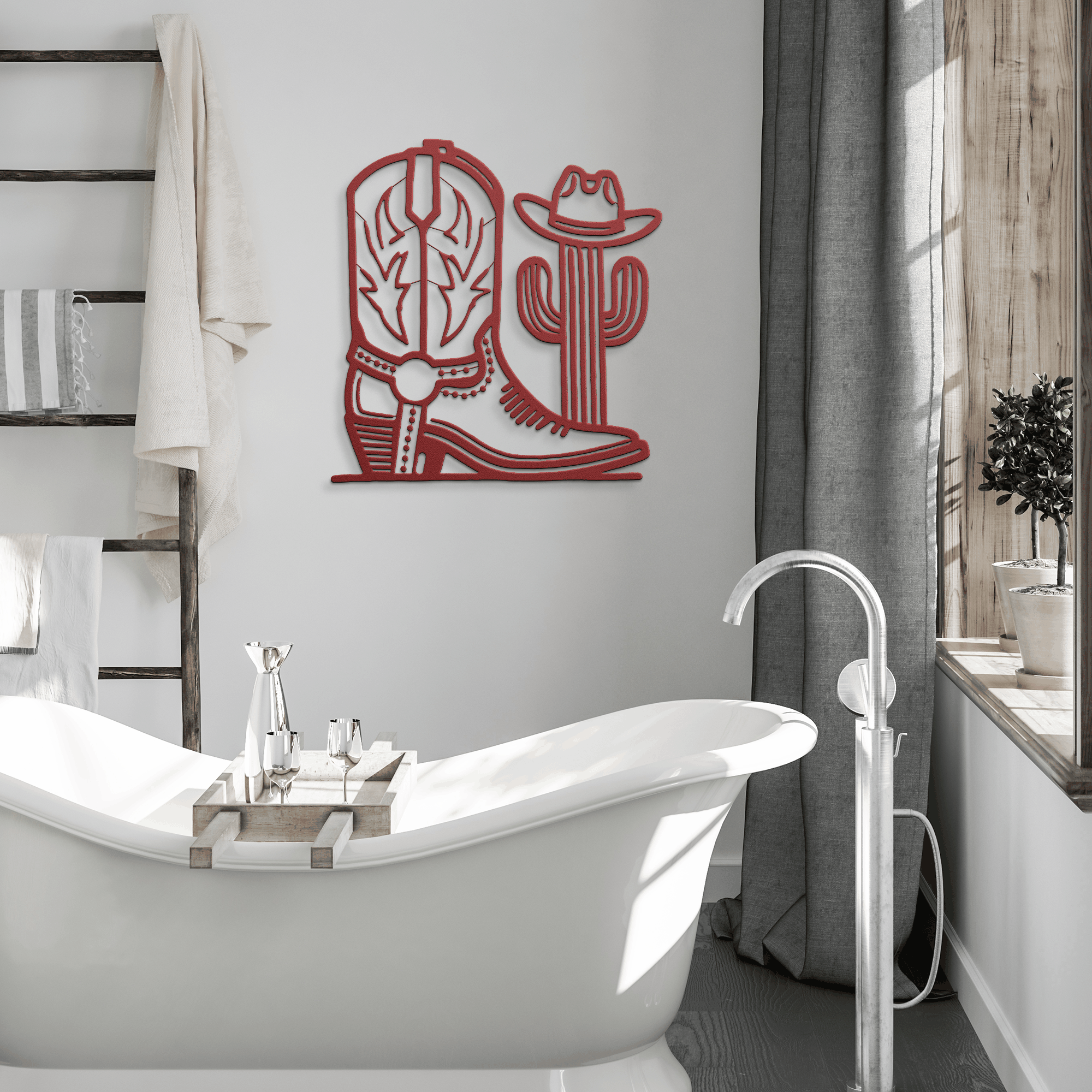 Red cowboy boot and cactus metal wall art in modern bathroom with white bathtub and gray curtains