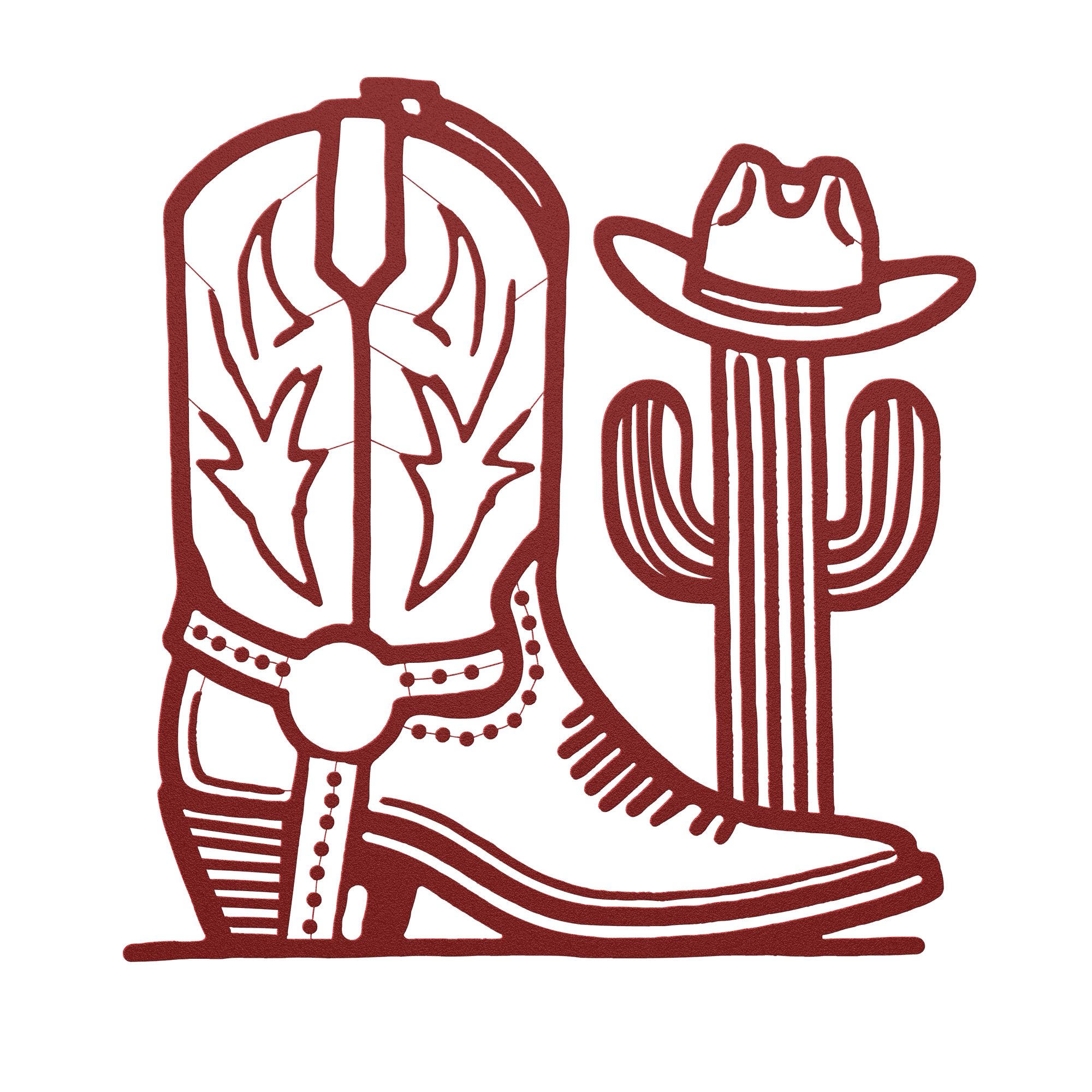 Red metal wall art featuring a cowboy boot and cactus with a western theme