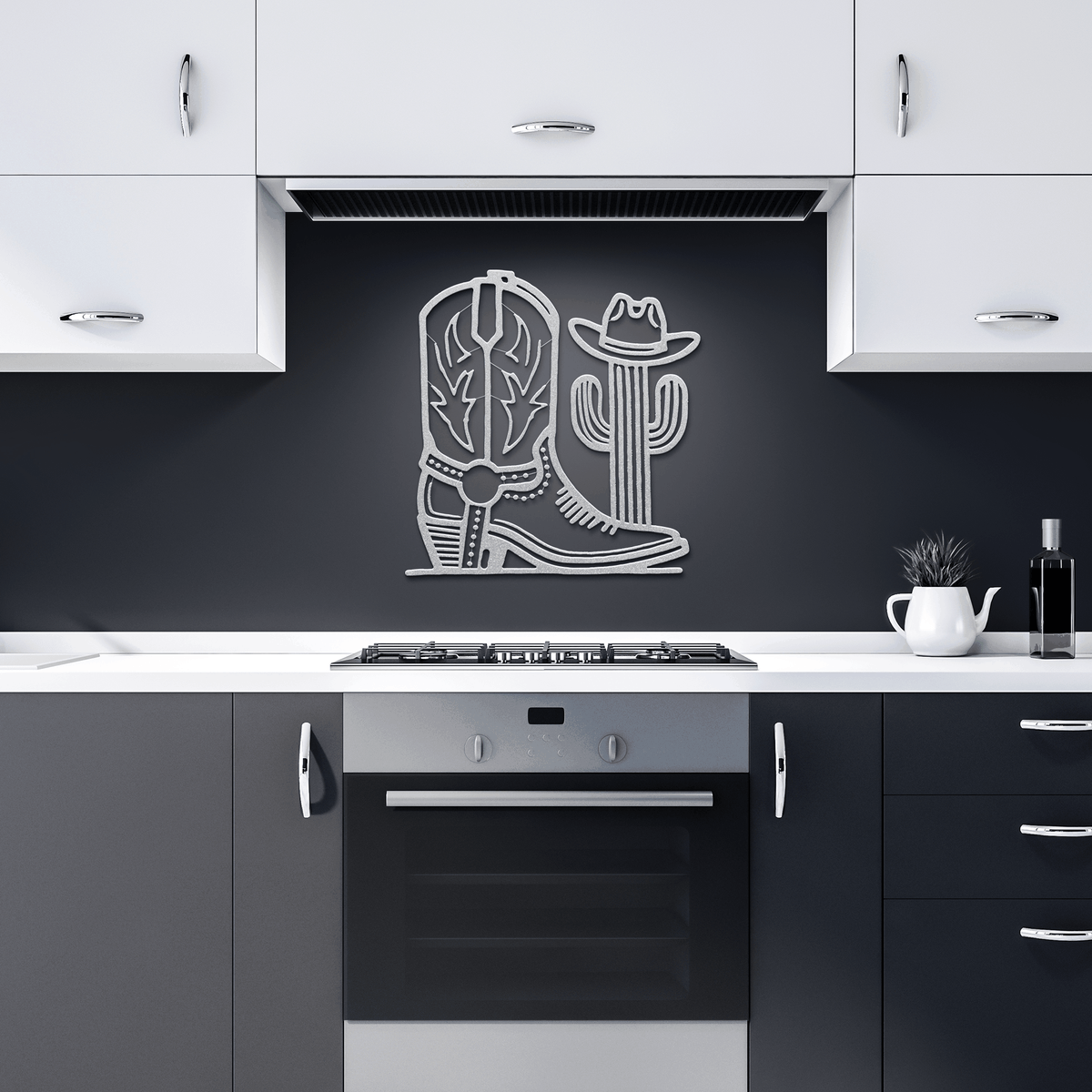 Western metal wall art featuring cowboy boot and cactus in modern kitchen backsplash decor