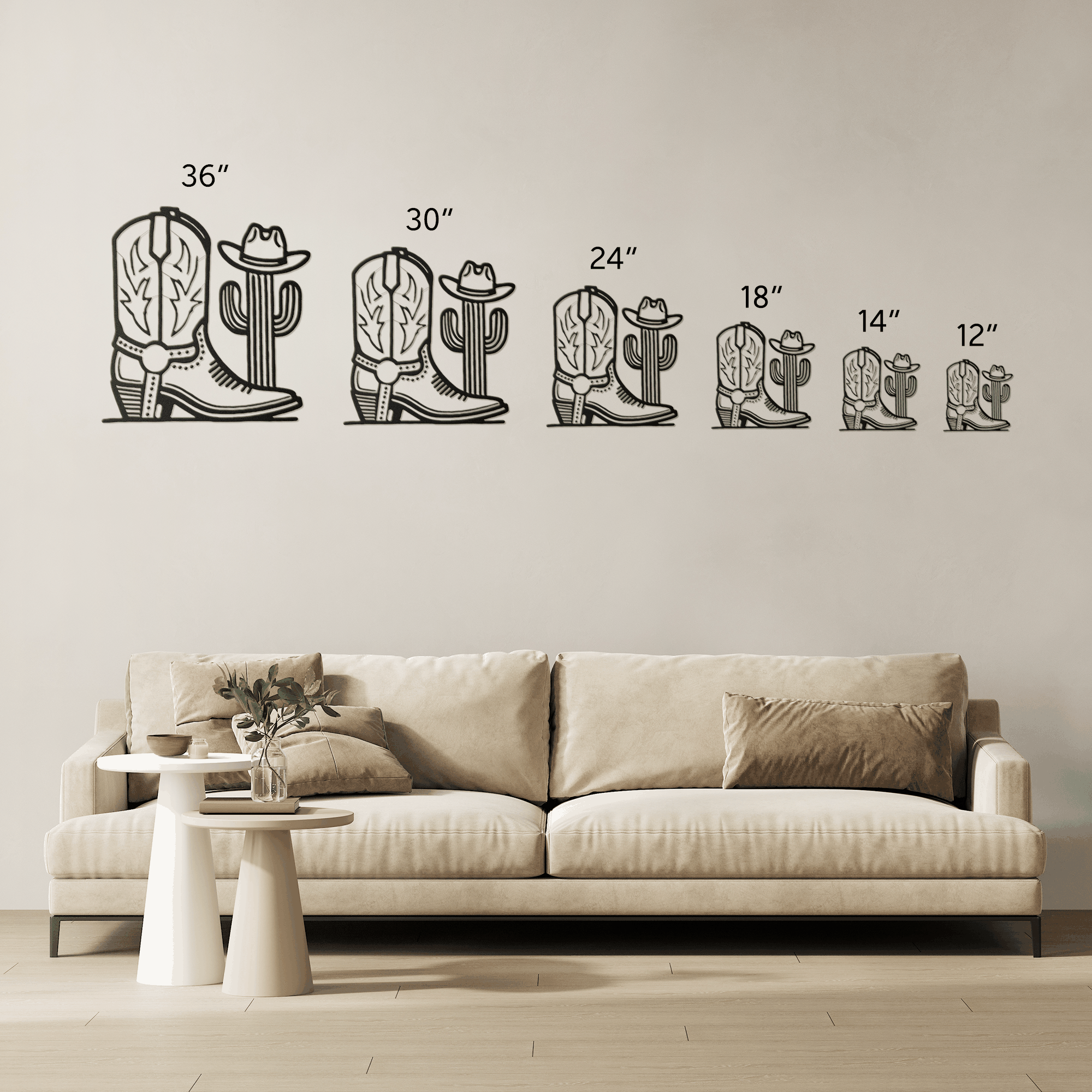 Metal wall art featuring cowboy boot and cactus designs in six sizes displayed above a beige sofa in a living room