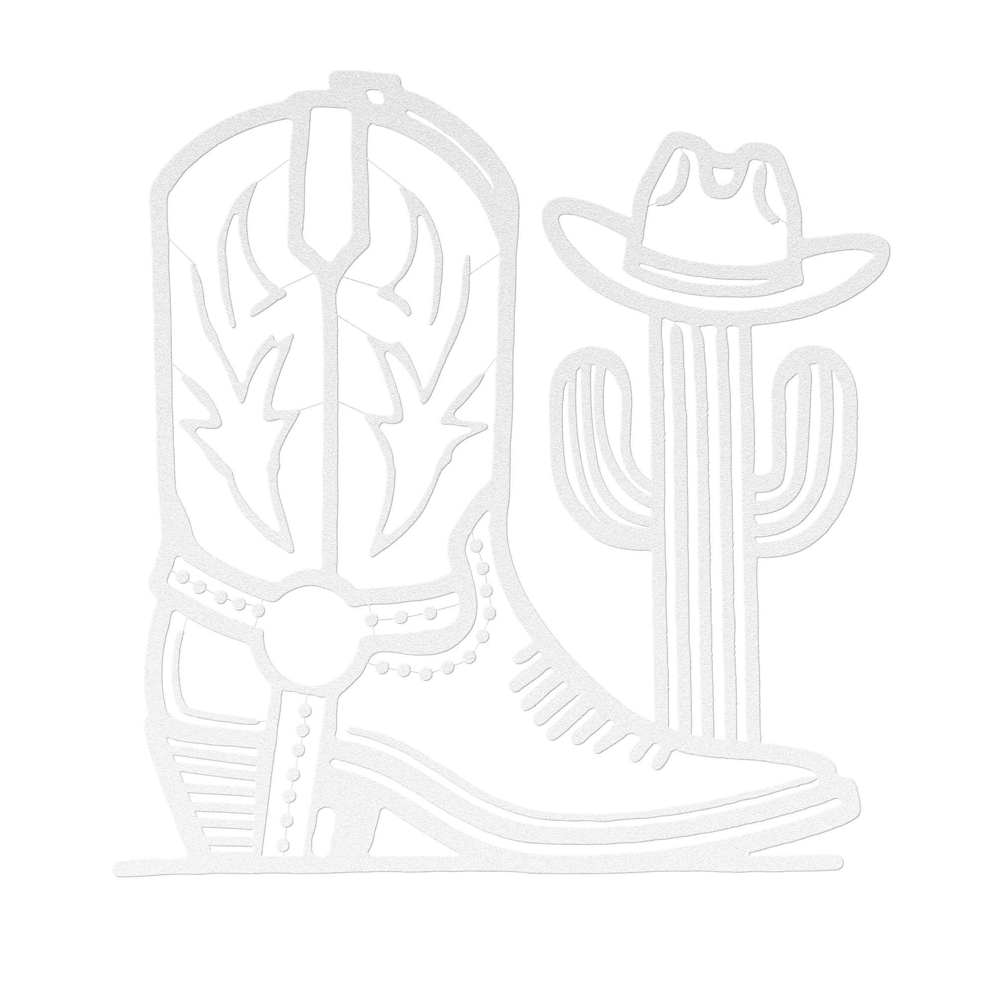 Metal wall art featuring cowboy boot and cactus design cut from 18-gauge steel for western decor