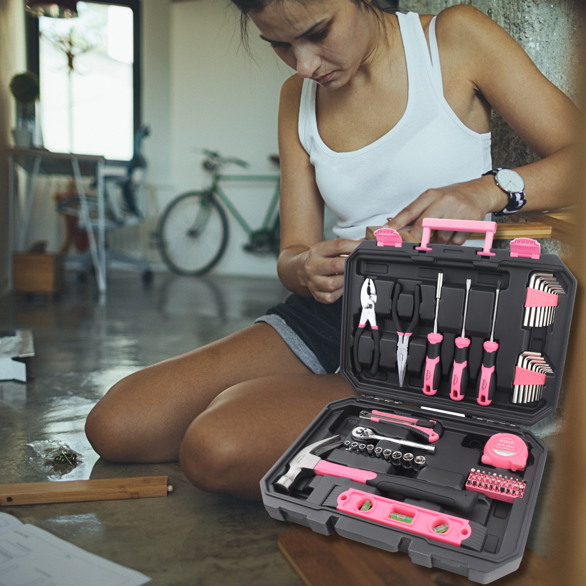 Essential 65-Piece Pink Tool Set with Socket Set and Most-Used Tools for Do it Yourself Repairs and Maintenance - DT0001P - Prop and Piston