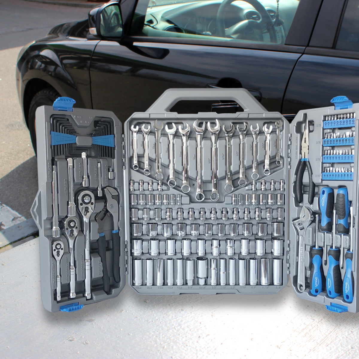 163 piece mechanics tool kit with sockets, wrenches, pliers, screwdrivers, bits, and organized carrying case