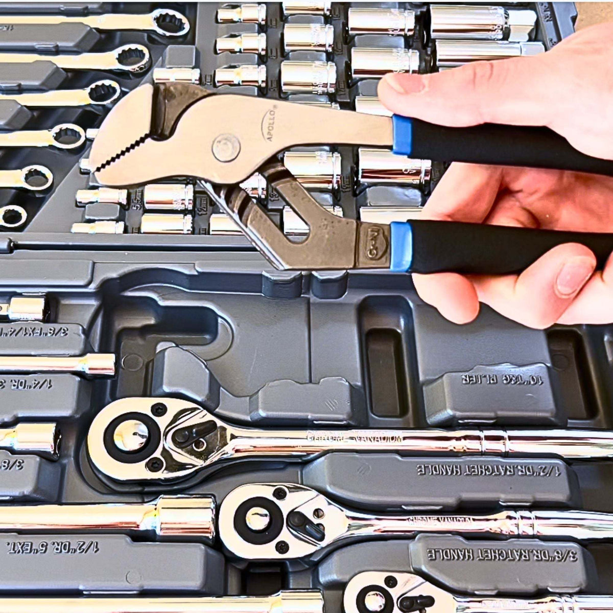 163 piece mechanics tool kit with sockets, wrenches, pliers, and screwdriver bits in organized case