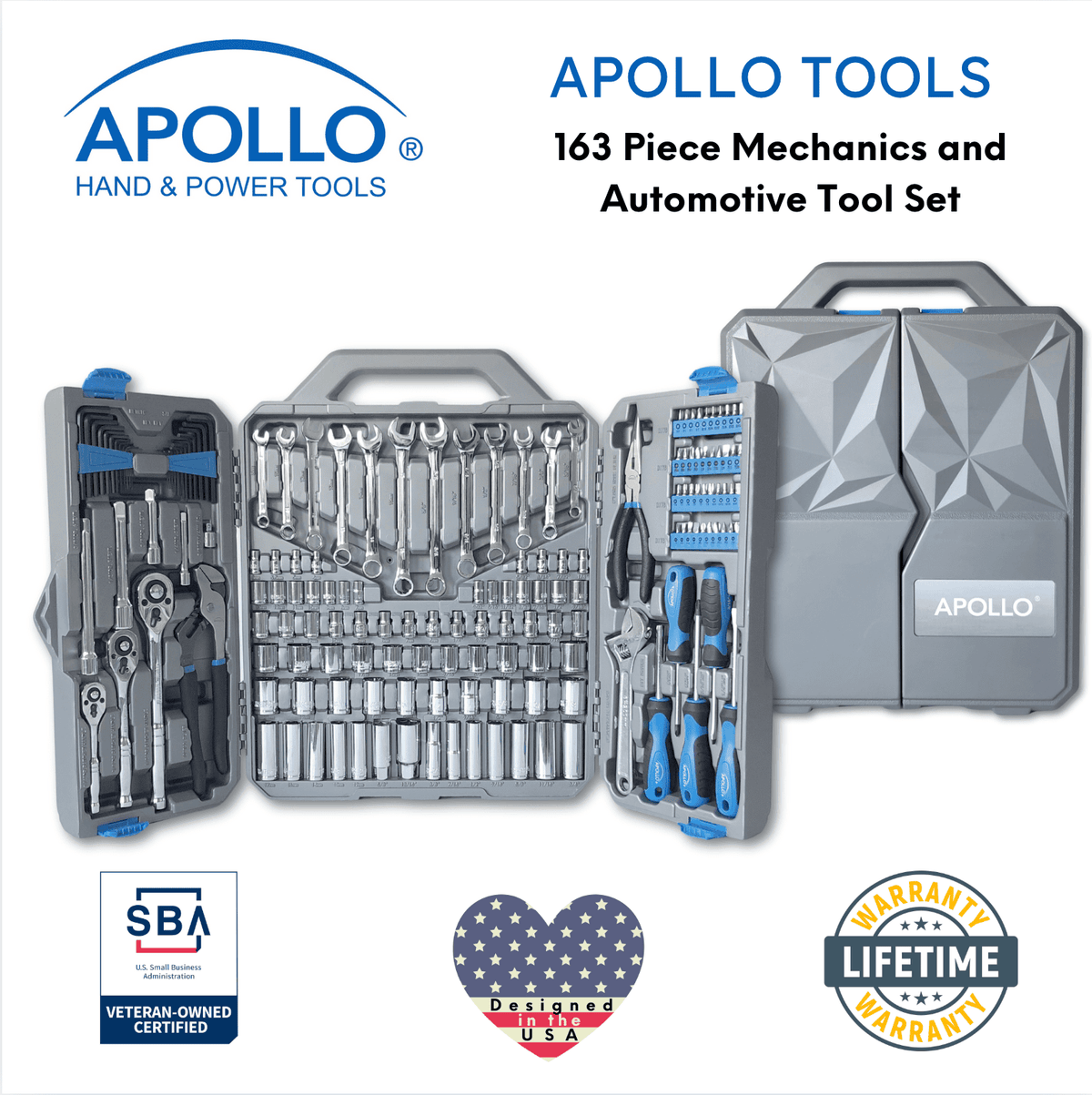 163 piece mechanics tool kit with metric and SAE sockets, wrenches, pliers, screwdrivers, and organized carrying case