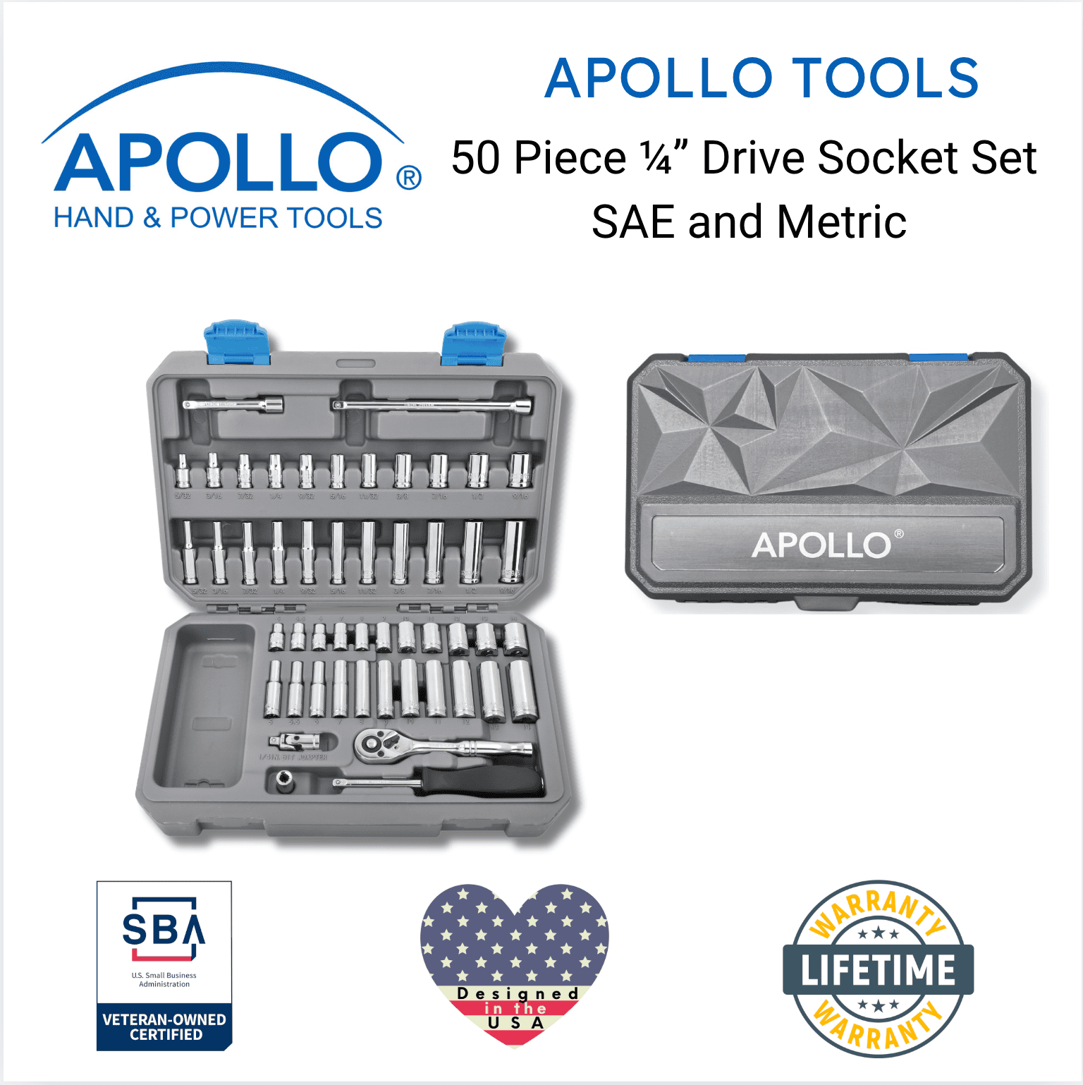 APOLLO TOOLS - DT0004-50 Piece ¼” Drive Socket Set - Prop and Piston