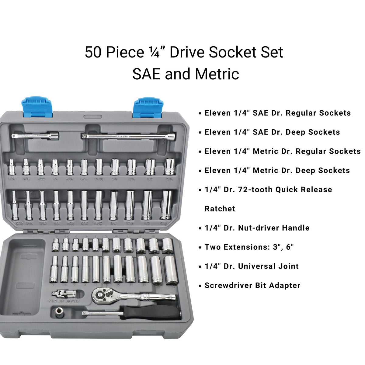 APOLLO TOOLS - DT0004-50 Piece ¼” Drive Socket Set - Prop and Piston