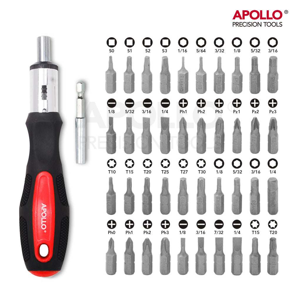 Apollo 71 Piece Household Tool Kit with screwdriver handle and multiple magnetic screwdriver bits for DIY repairs and maintenance.