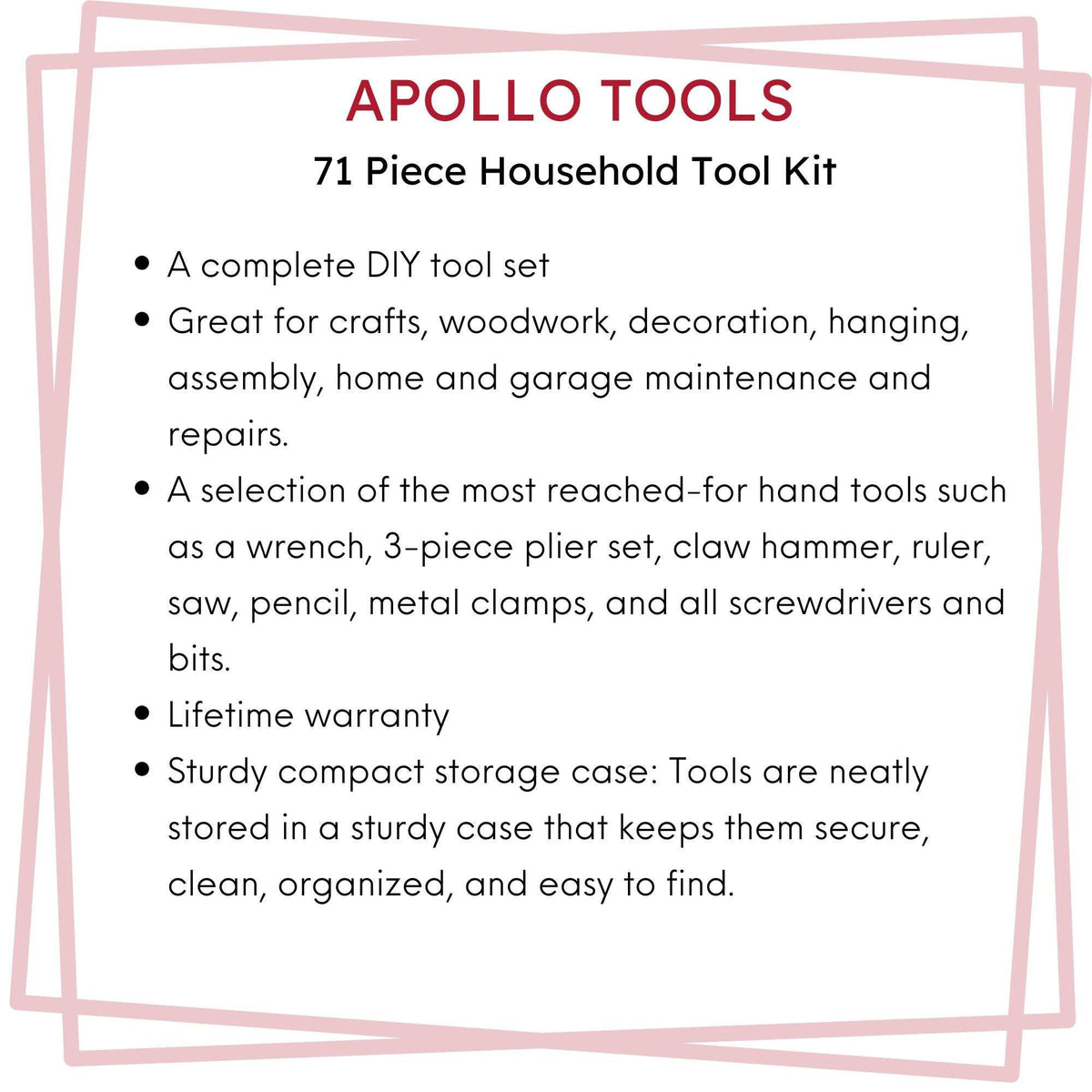 71 Piece Household Tool Kit with wrench, pliers, hammer, screwdrivers, ruler, saw, clamps, and compact storage case for DIY repairs