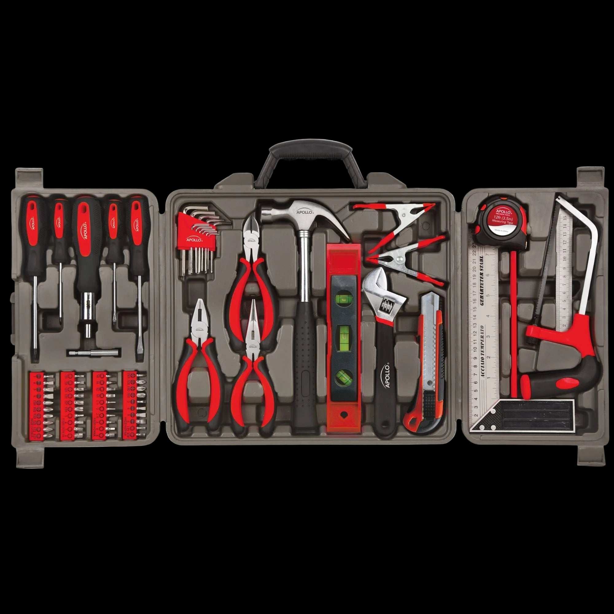71 piece household tool kit with pliers, hammer, screwdrivers, tape measure, hacksaw, level, wrench, and clamps in a compact storage case