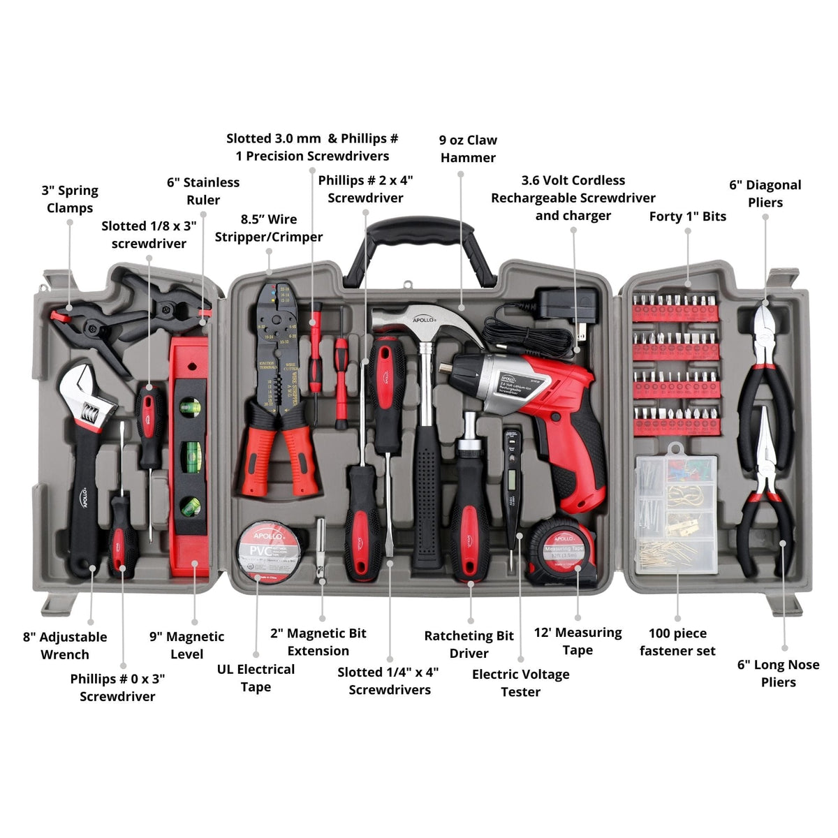 161 piece household toolset with cordless 3.6V lithium ion screwdriver and multi-tool kit in compact storage case