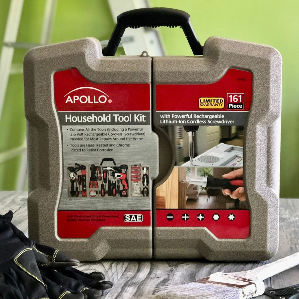 161 piece household toolset with cordless 3.6V lithium-ion screwdriver and compact storage case