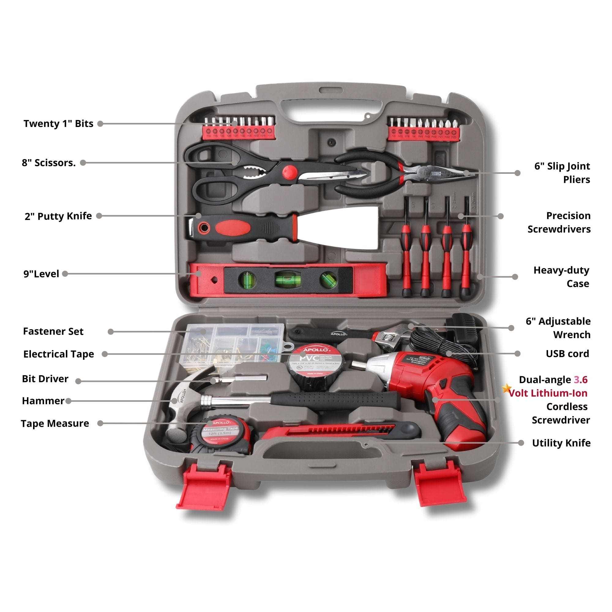 135 piece household tool set with cordless 3.6V lithium-ion screwdriver and organized heavy-duty case