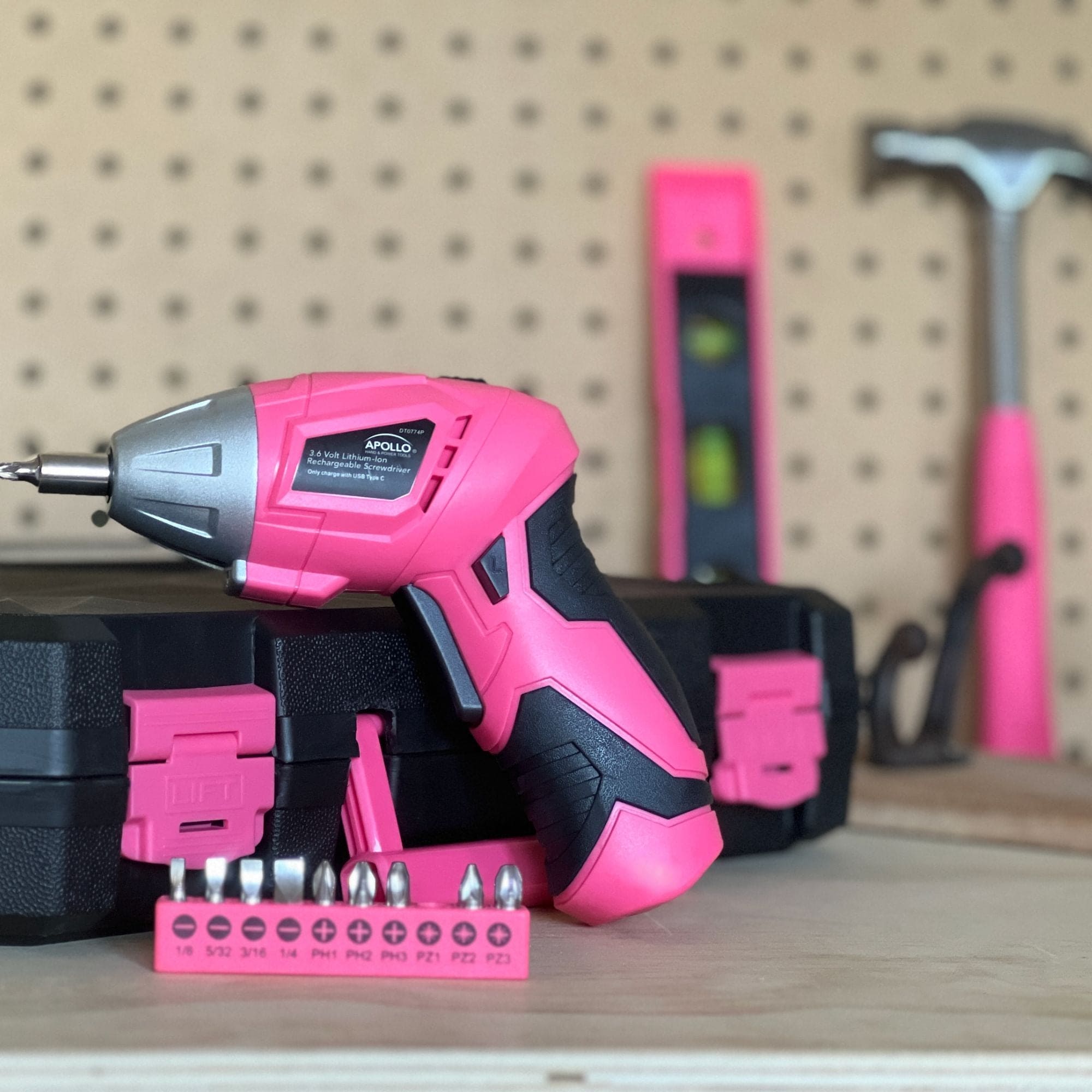 New and Improved 135 Piece Pink Household Tool Set with Pivoting Dual-Angle 3.6 Volt Lithium-Ion Cordless Screwdriver in Hard Case - DT0774P - Prop and Piston