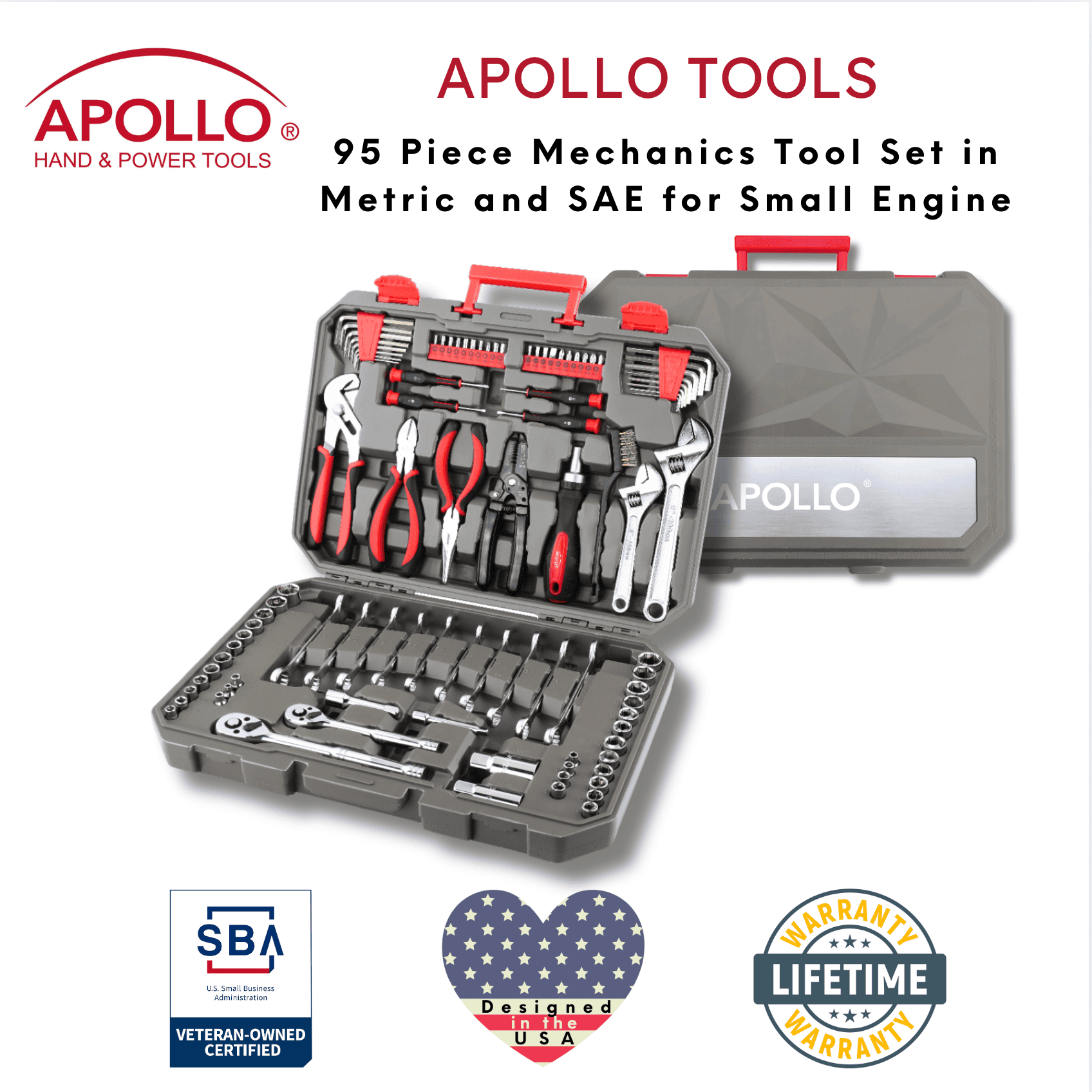 Apollo Tools 95 piece mechanics tool set with metric and SAE sockets, wrenches, pliers, and ratchets in a compact carrying case for small engine and general repairs