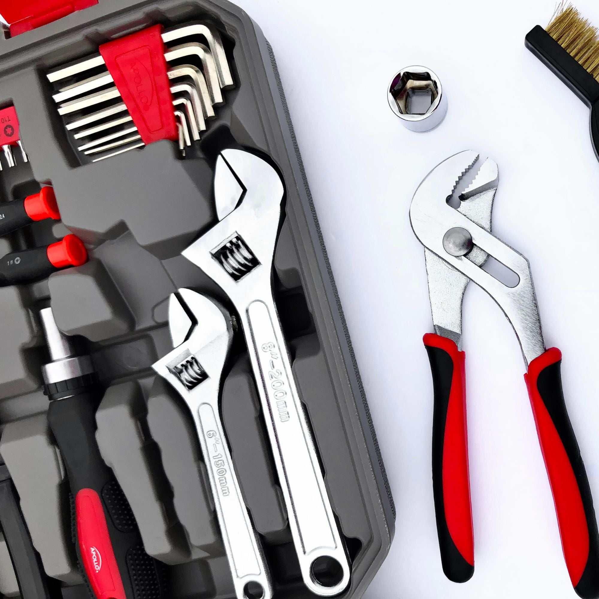 95 piece mechanics tool set with adjustable wrenches, pliers, hex keys, and ratchets in a compact carrying case