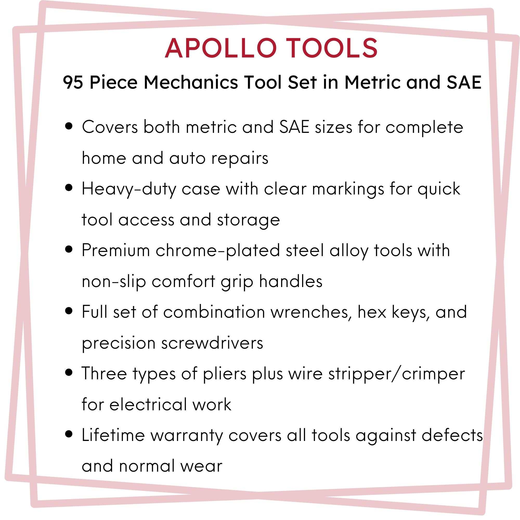 95 piece Apollo Tools Mechanics Tool Set in metric and SAE with sockets, wrenches, pliers, and durable carrying case for home and auto repairs