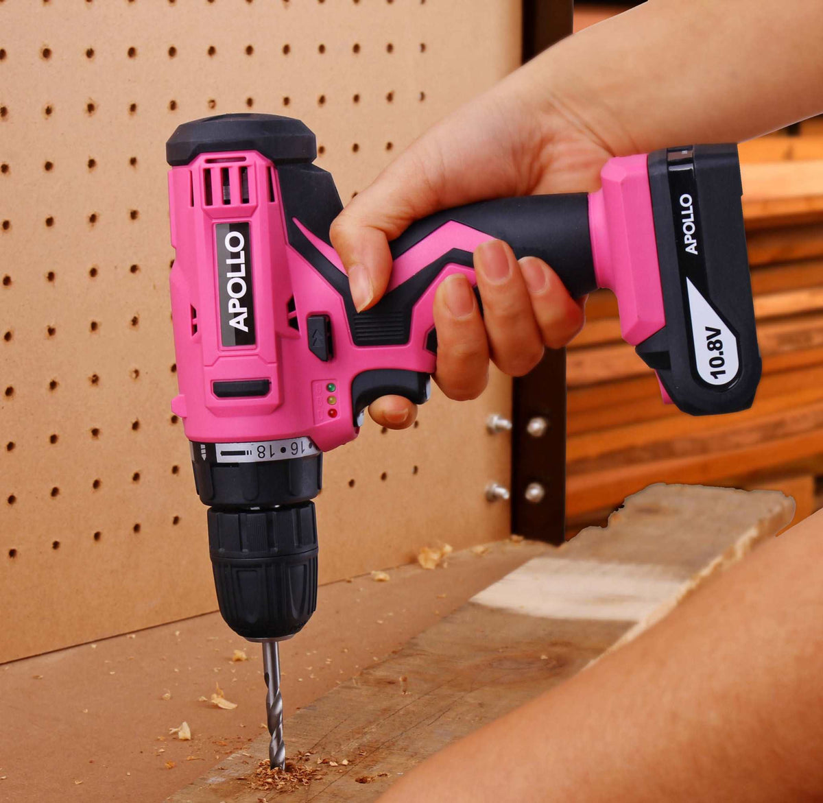 10.8 Volt Lithium-Ion cordless drill with 30-piece accessory set in pink, lightweight and powerful for versatile drilling tasks