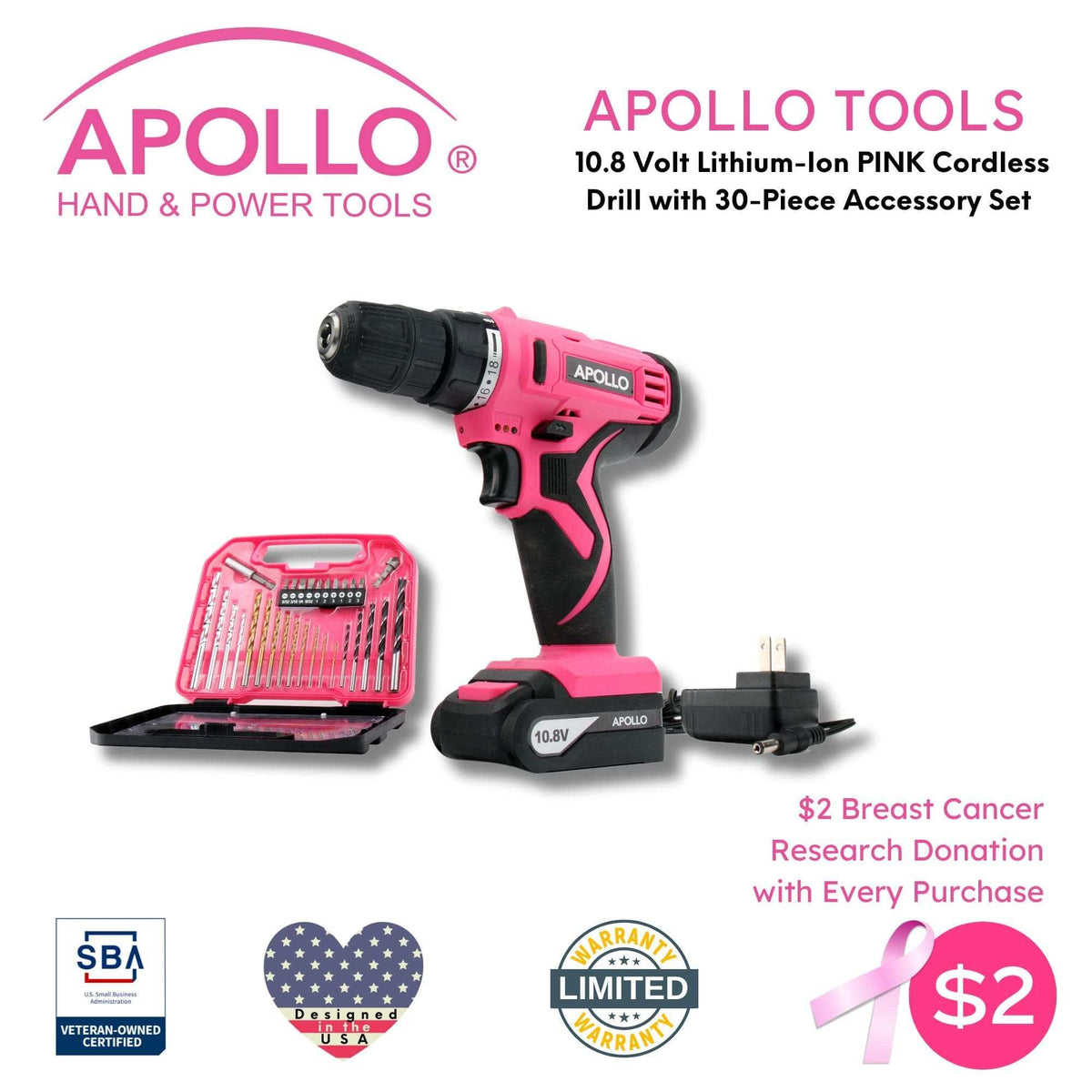 10.8 Volt Lithium-Ion cordless drill with 30-piece accessory set in pink, lightweight and powerful for DIY projects