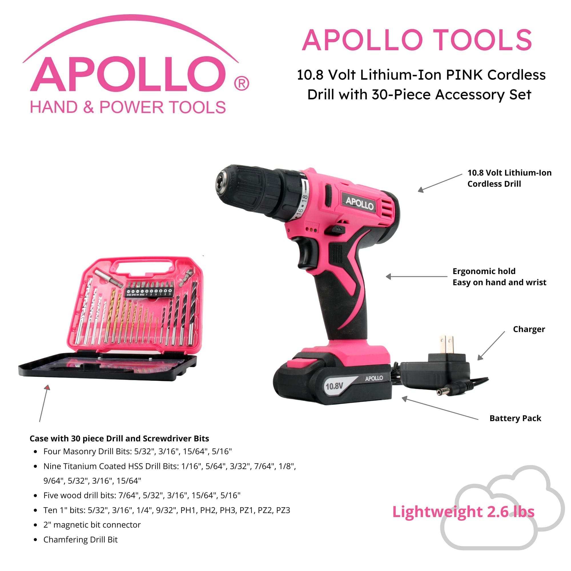 10.8 Volt Lithium-Ion cordless drill in pink with 30-piece accessory set and keyless chuck