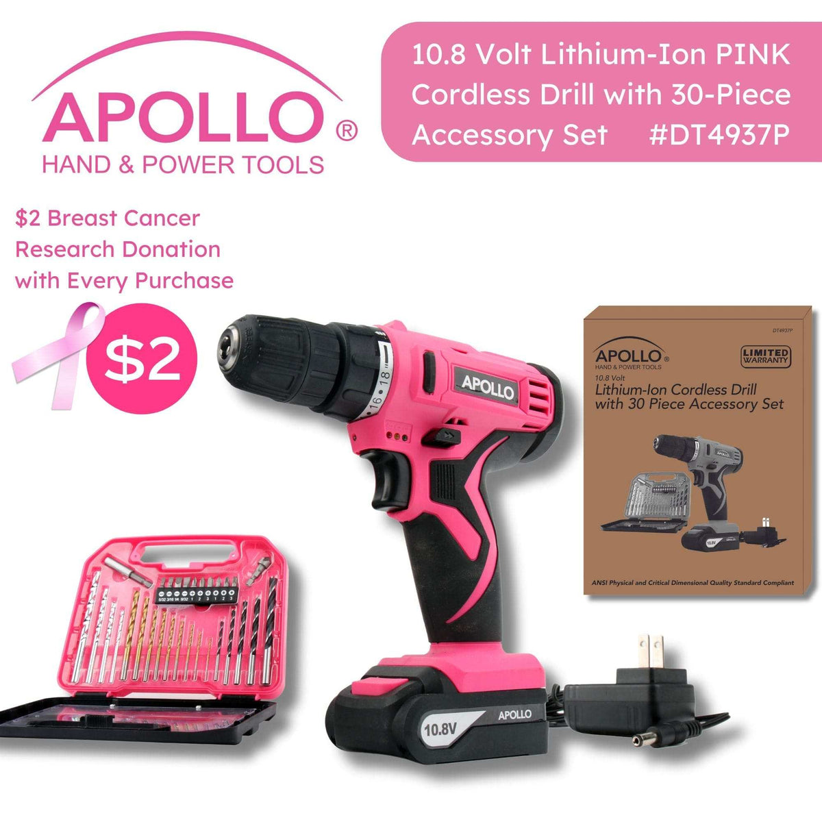 Pink 10.8 Volt Lithium-Ion cordless drill with 30-piece accessory set and keyless chuck