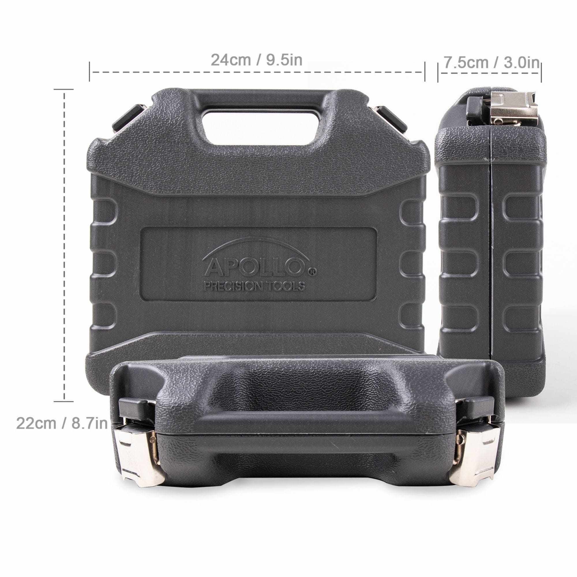 Compact black carrying case for 3.6 Volt Lithium-Ion Rechargeable Screwdriver with 45-piece accessory set showcasing dimensions.