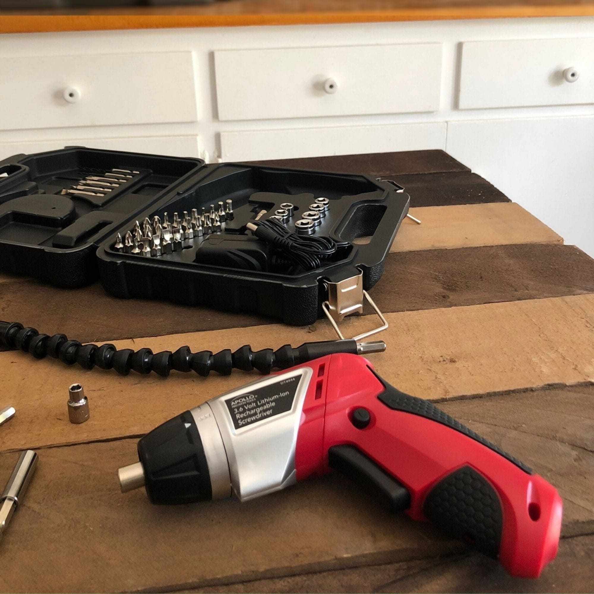 3.6 Volt Lithium-Ion Rechargeable Cordless Screwdriver with 45-piece accessory set and flexible bit extension in black carrying case