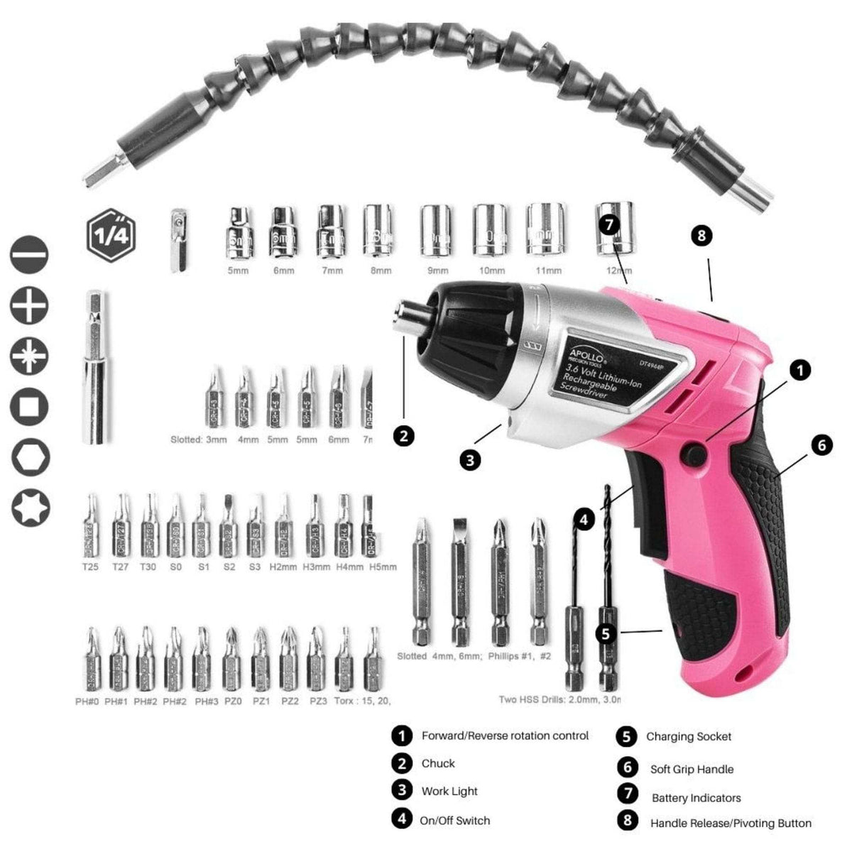3.6 Volt Lithium-Ion Rechargeable Screwdriver with 45 Piece Accessory Set - Pink DT4944P - Prop and Piston