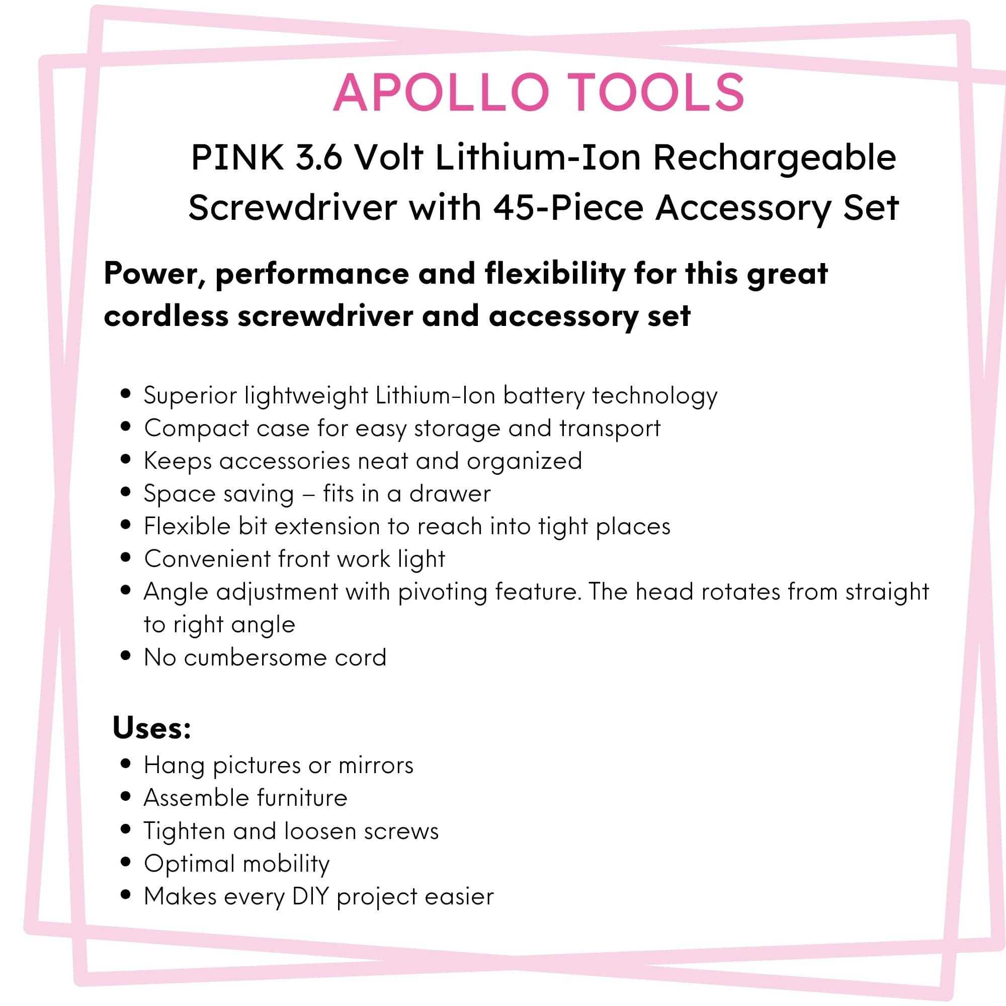 3.6 Volt Lithium-Ion Rechargeable Screwdriver with 45 Piece Accessory Set - Pink DT4944P - Prop and Piston