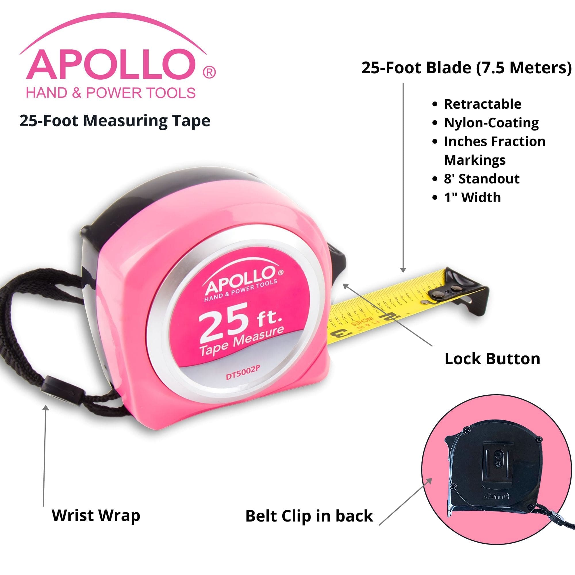 25ft. Tape Measure - Pink - DT5002P - Prop and Piston