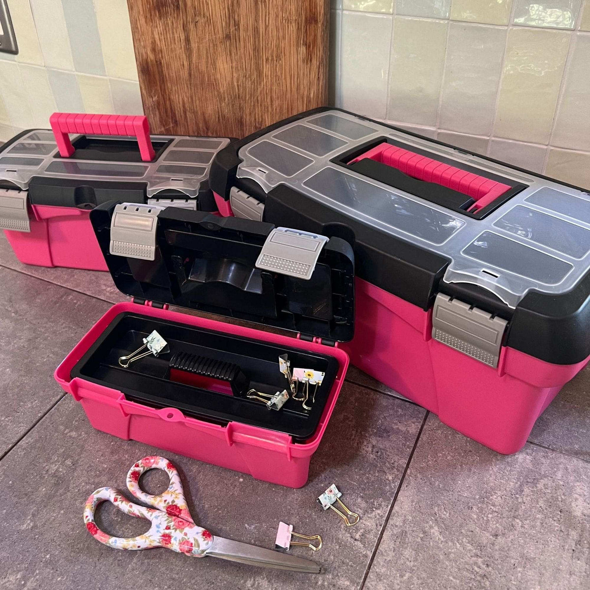Pink 3 piece stackable tool box set with removable trays and compartment lids for organizing tools and supplies