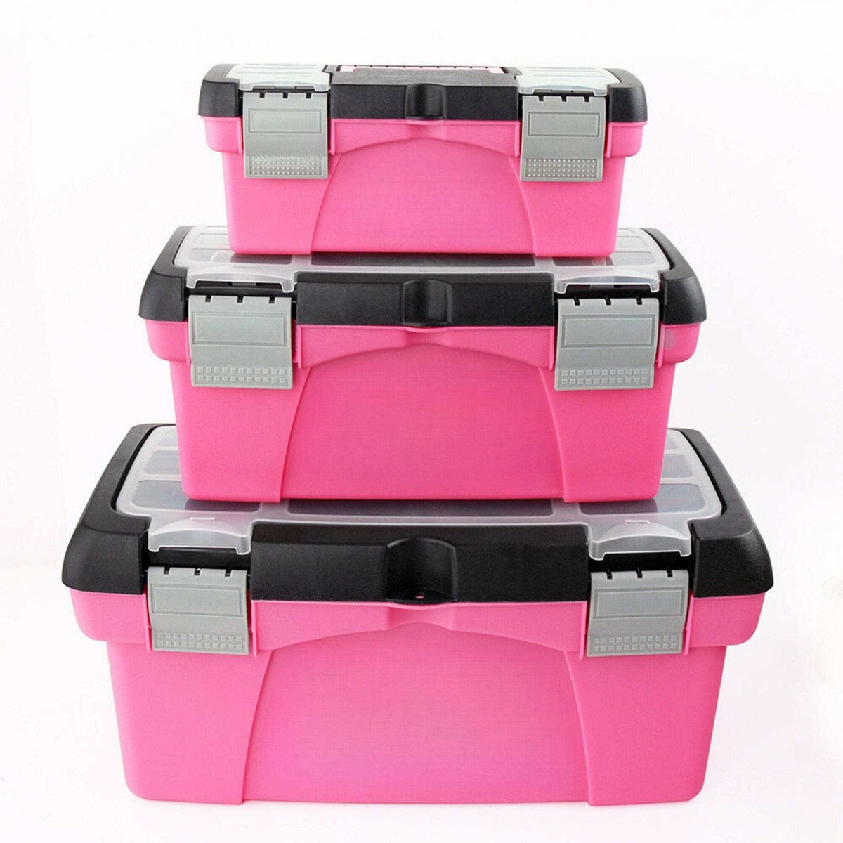 Pink 3 piece stackable tool box set with removable tray compartments