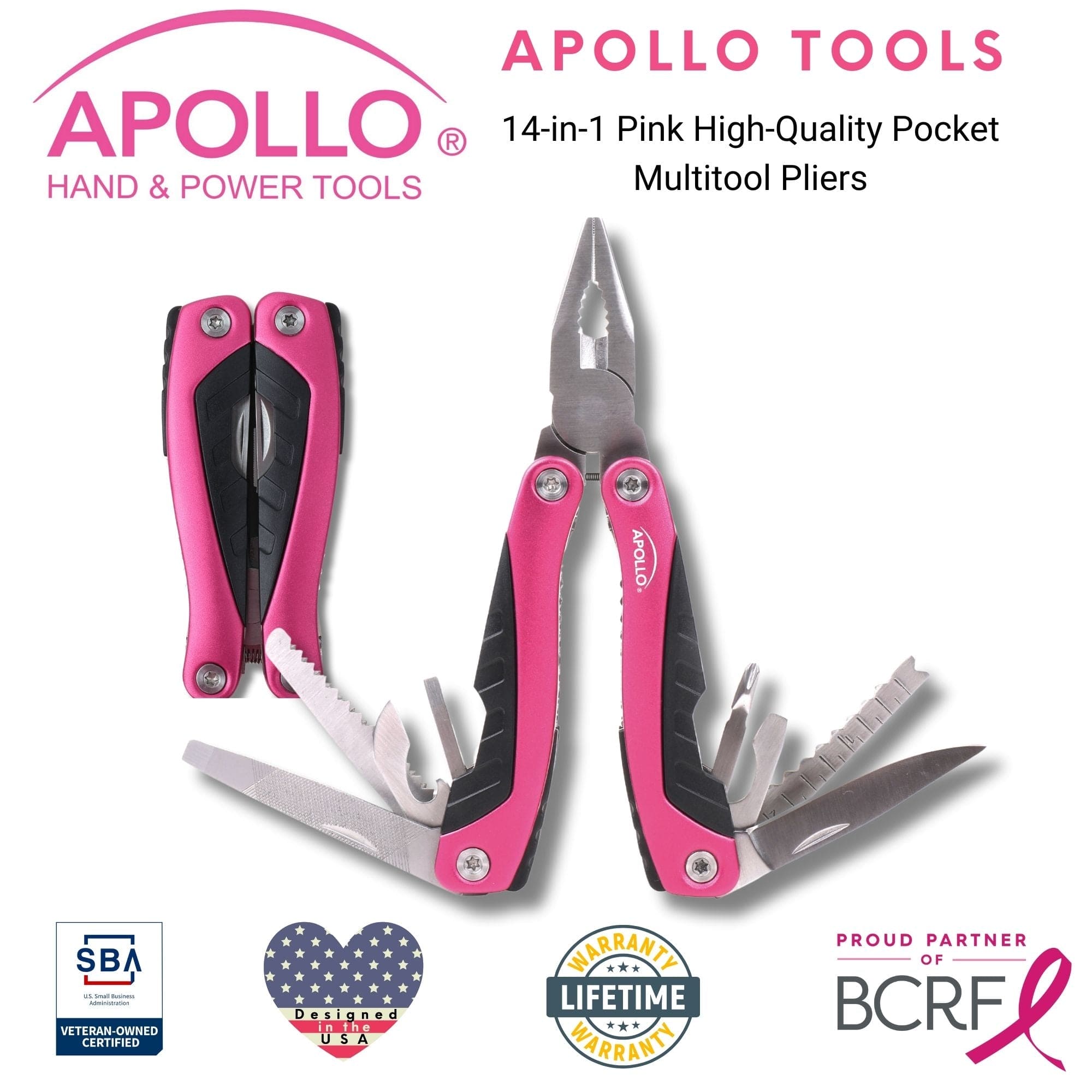 14-in-1 pink pocket multitool with pliers, screwdrivers, knife, can opener, and more for outdoor and everyday use