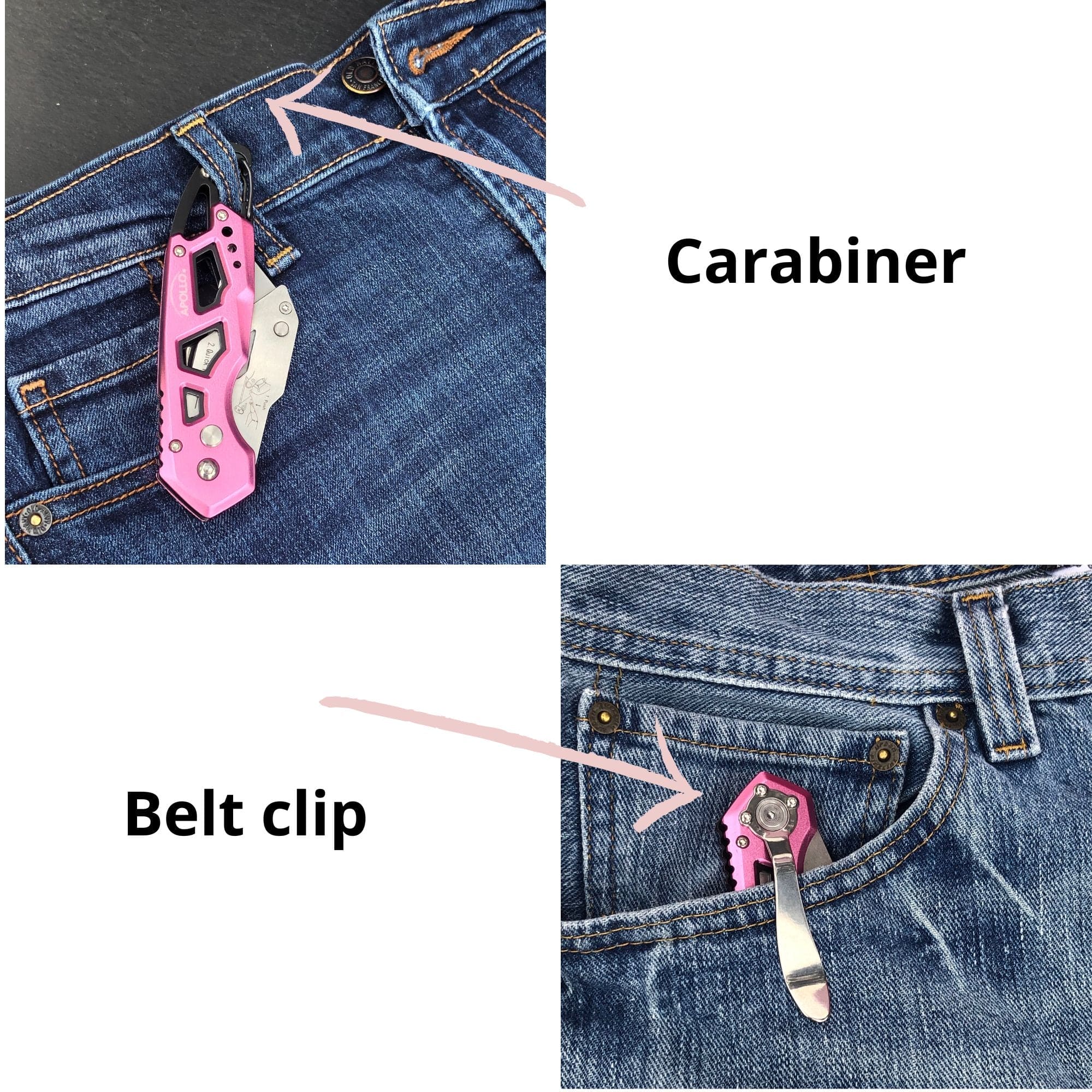 Ergonomic Stainless Steel, Lightweight, Foldable Pink Utility Knife with Carabiner Clip and Fast-Change Blade - DT5017P - Prop and Piston