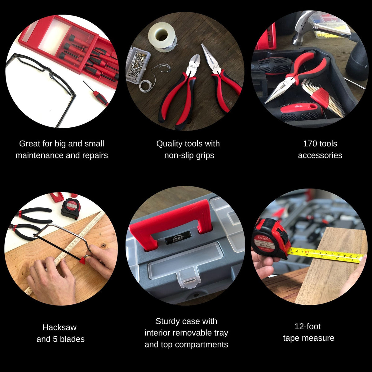 Red 170 Piece Household Tool Kit with New and Improved Tool Box - DT7103 - Prop and Piston