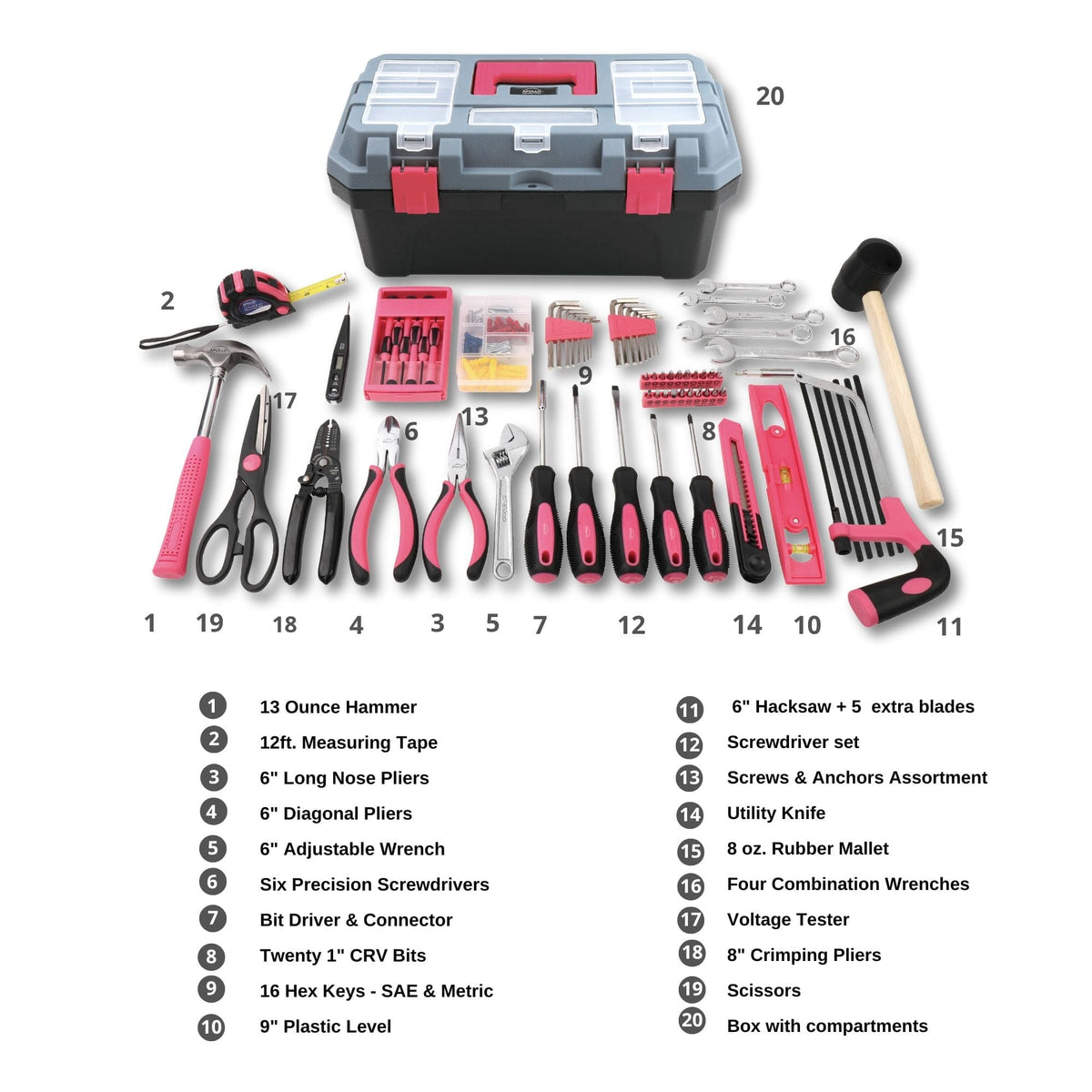 Pink 170 Piece Household Tool Kit with New and Improved Tool Box - DT7103P - Prop and Piston
