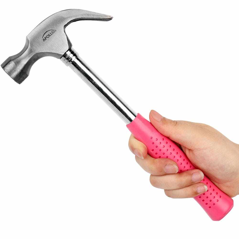 Hand holding a claw hammer with pink grip from the 39 Piece General Tool Set Pink DT9706P
