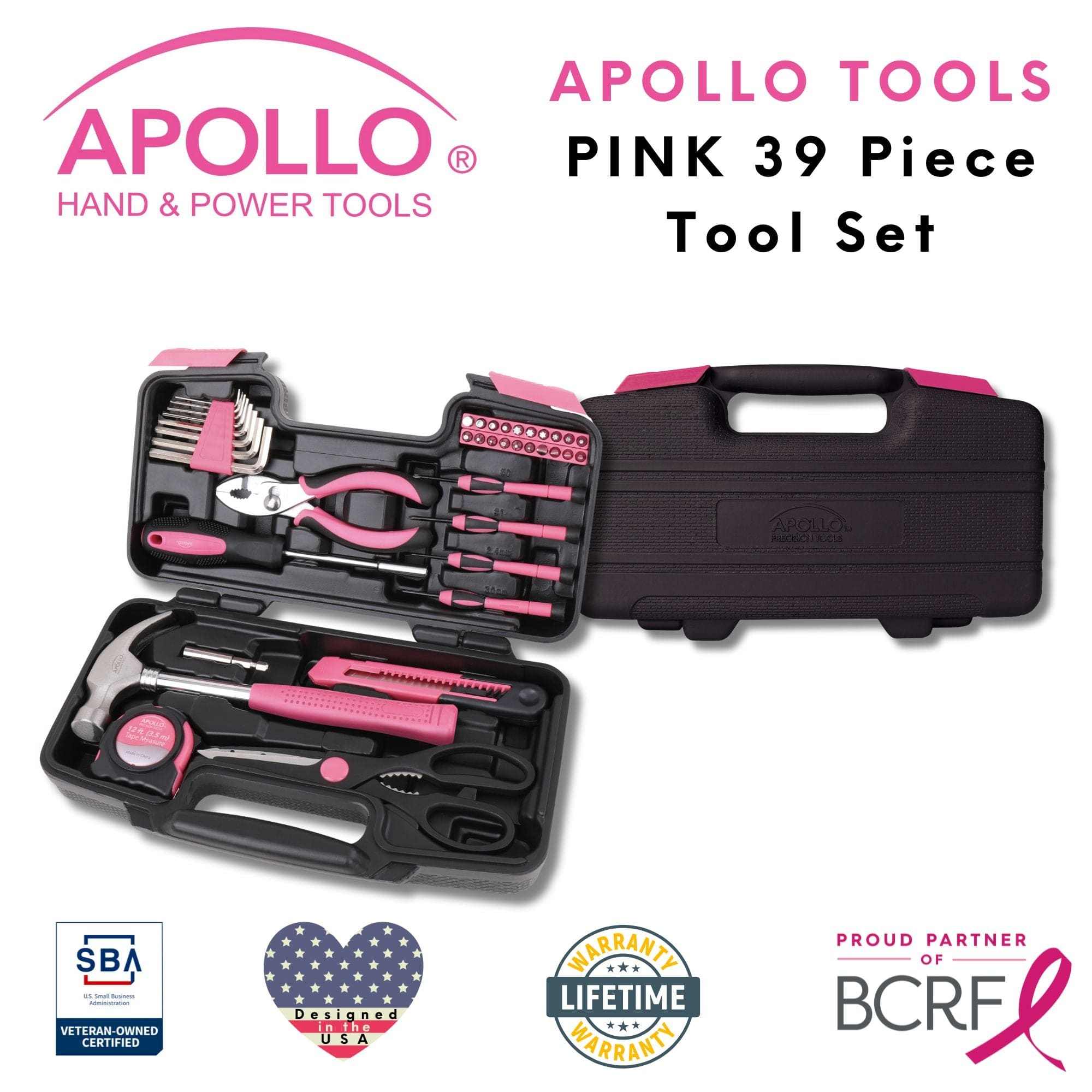 39 Piece General Tool Set in pink with compact case, including hammer, pliers, screwdrivers, tape measure, and hex keys for home DIY repairs