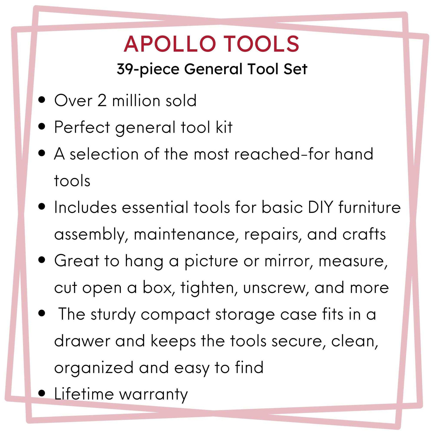 Compact 39-piece general tool set with hammer, pliers, tape measure, screwdriver bits, and storage case for DIY household repairs.