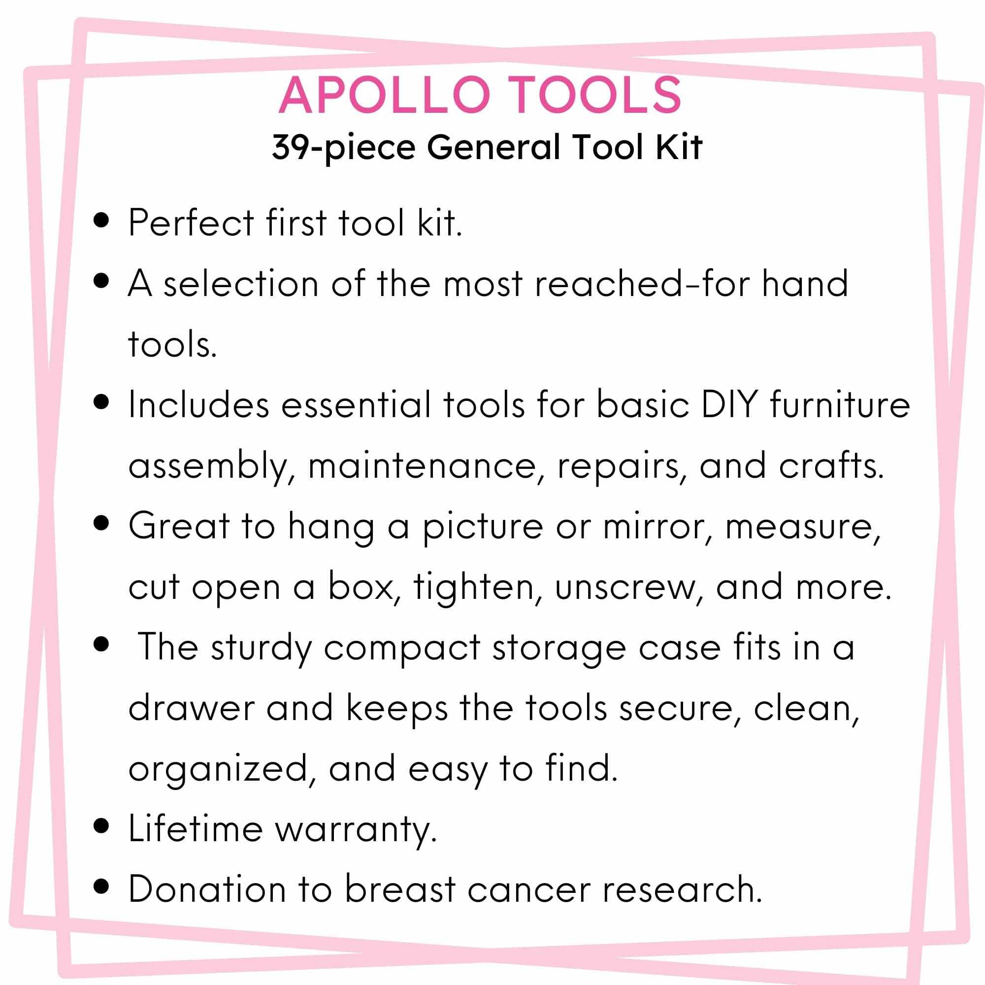 Pink 39-piece Apollo Tools general tool set with compact storage case for DIY home maintenance and repairs