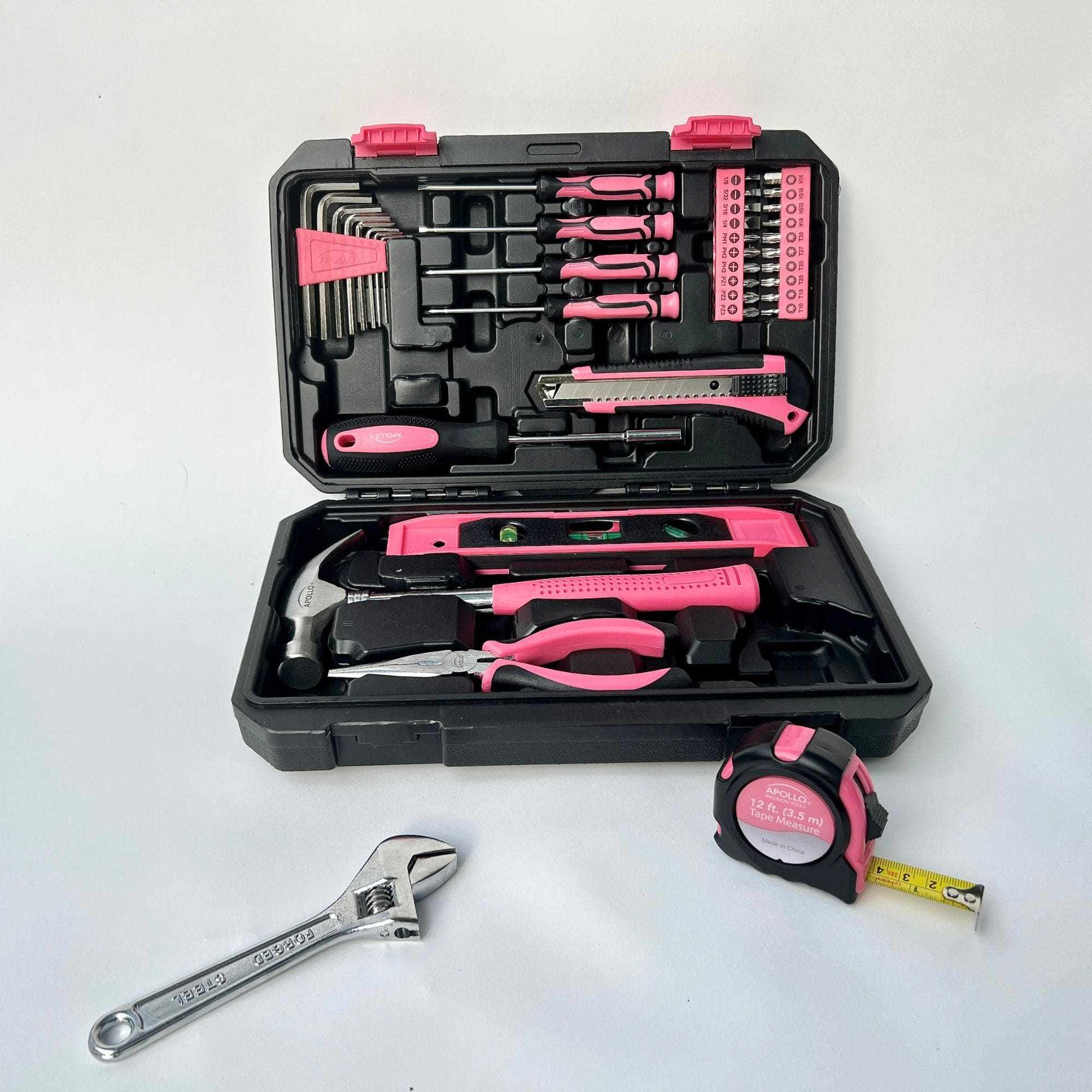 Pink tool set with 39 pieces in black storage case for DIY home repairs