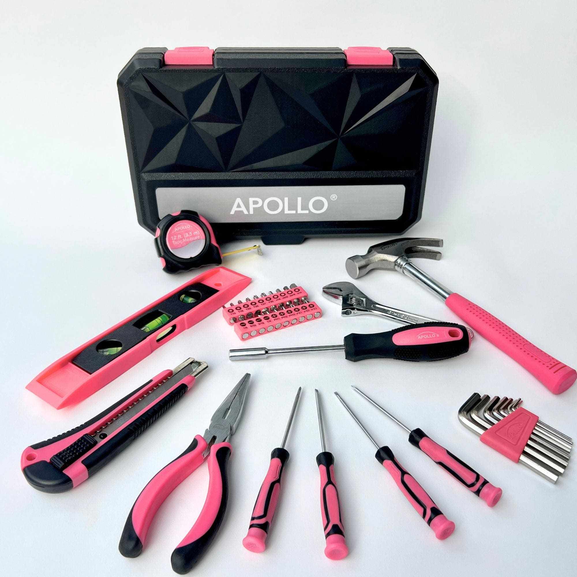 Apollo Tools pink 39-piece general tool set with hammer, screwdrivers, pliers, level, wrench, tape measure, and storage case for DIY home repairs