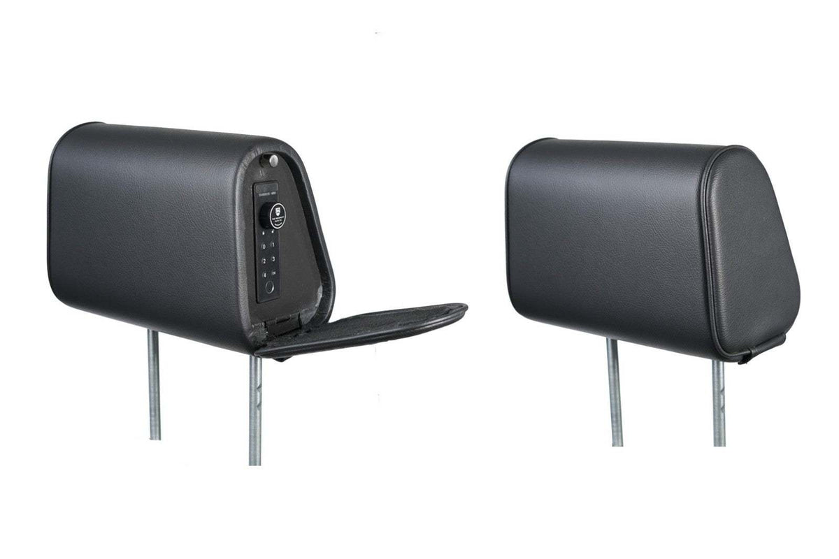 The Vulcan Headrest Safe biometric lock steel safe for trucks and SUVs installation on passenger seat