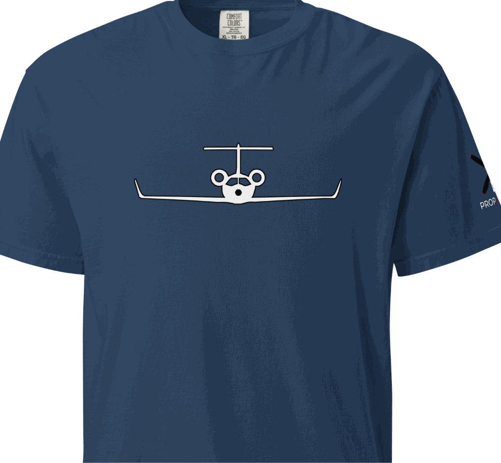 Navy blue heavyweight unisex t-shirt with front private jet graphic and durable double-needle stitching