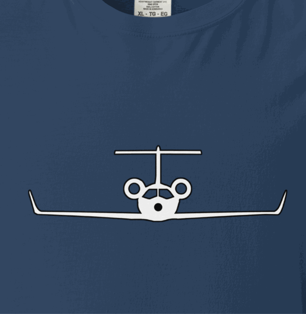 Navy t-shirt with white private jet graphic, 100% ring-spun cotton, garment-dyed, relaxed fit, durable stitching