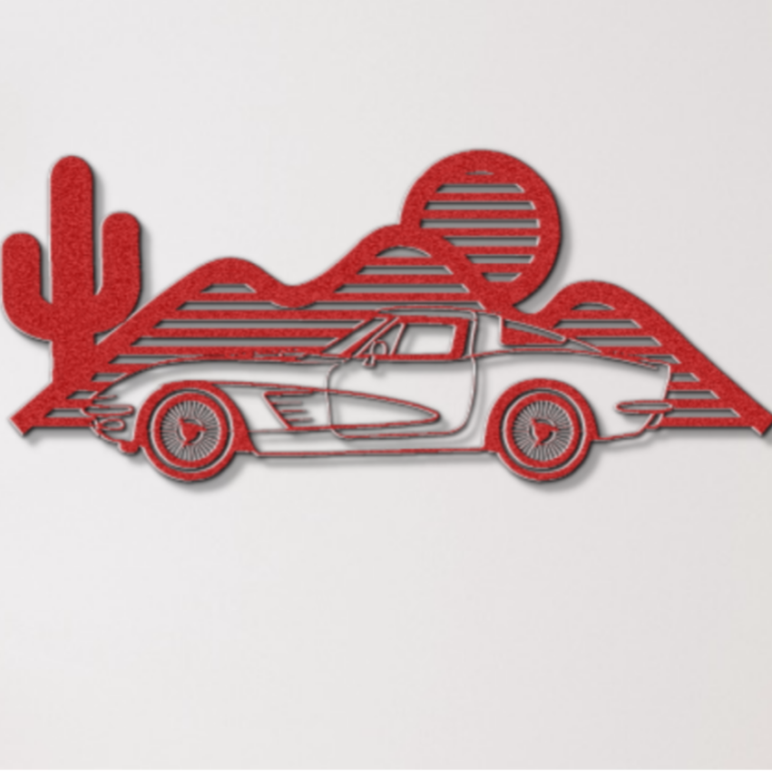 Corvette Silhouette Metal Art – Personalized Corvette Wall Decor, Powder-Coated Steel, Car Lover Gift