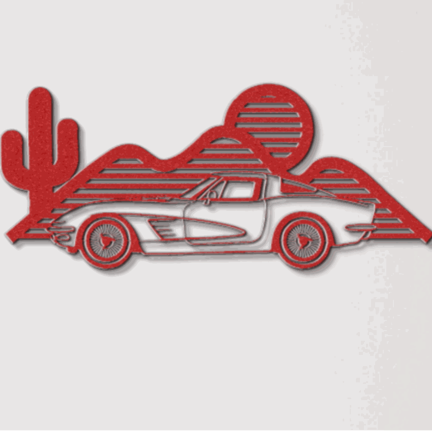 Corvette silhouette metal wall art in red and silver powder-coated steel with desert landscape design