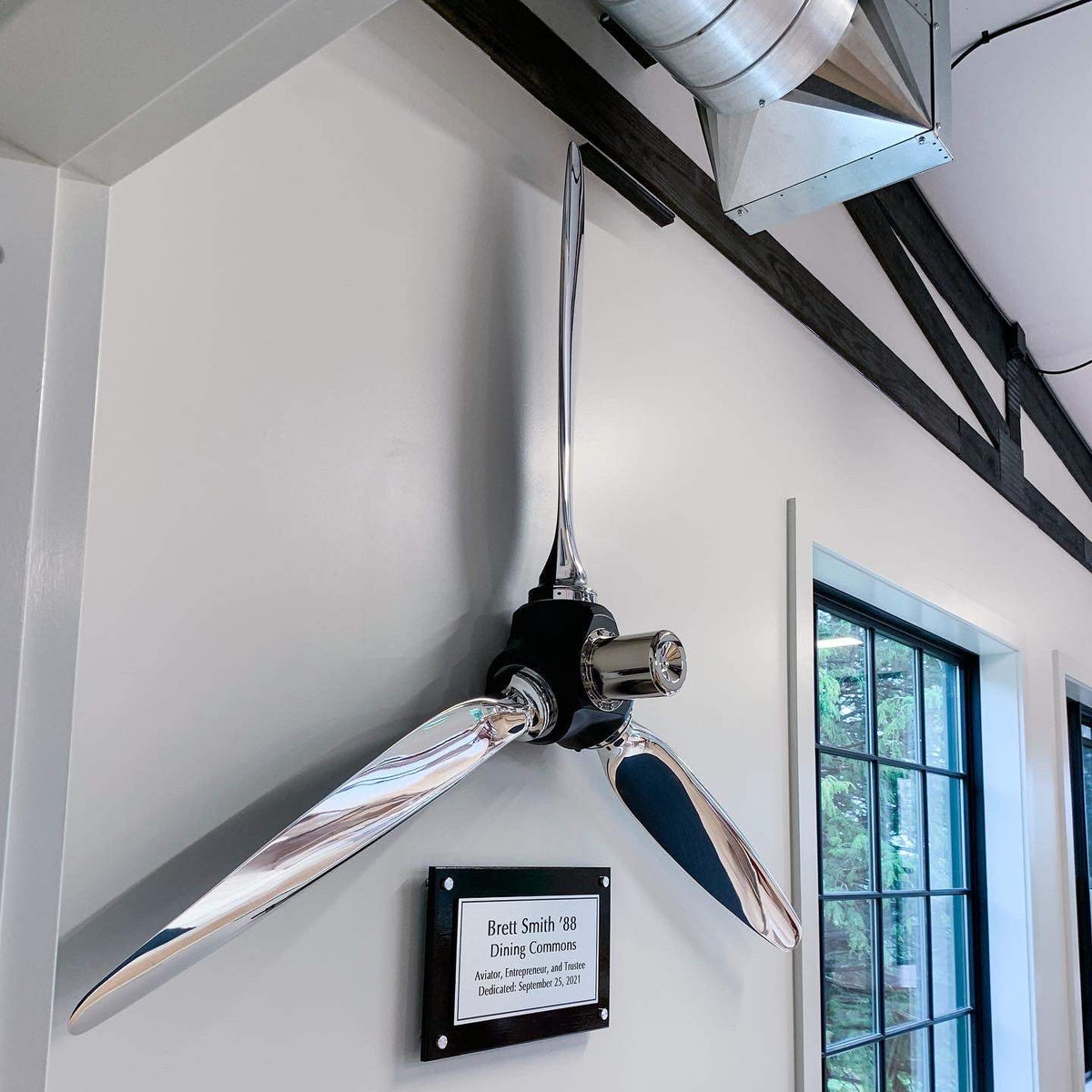3-bladed McCauley aluminum metal airplane propeller wall sculpture with high polished chrome finish and black hub