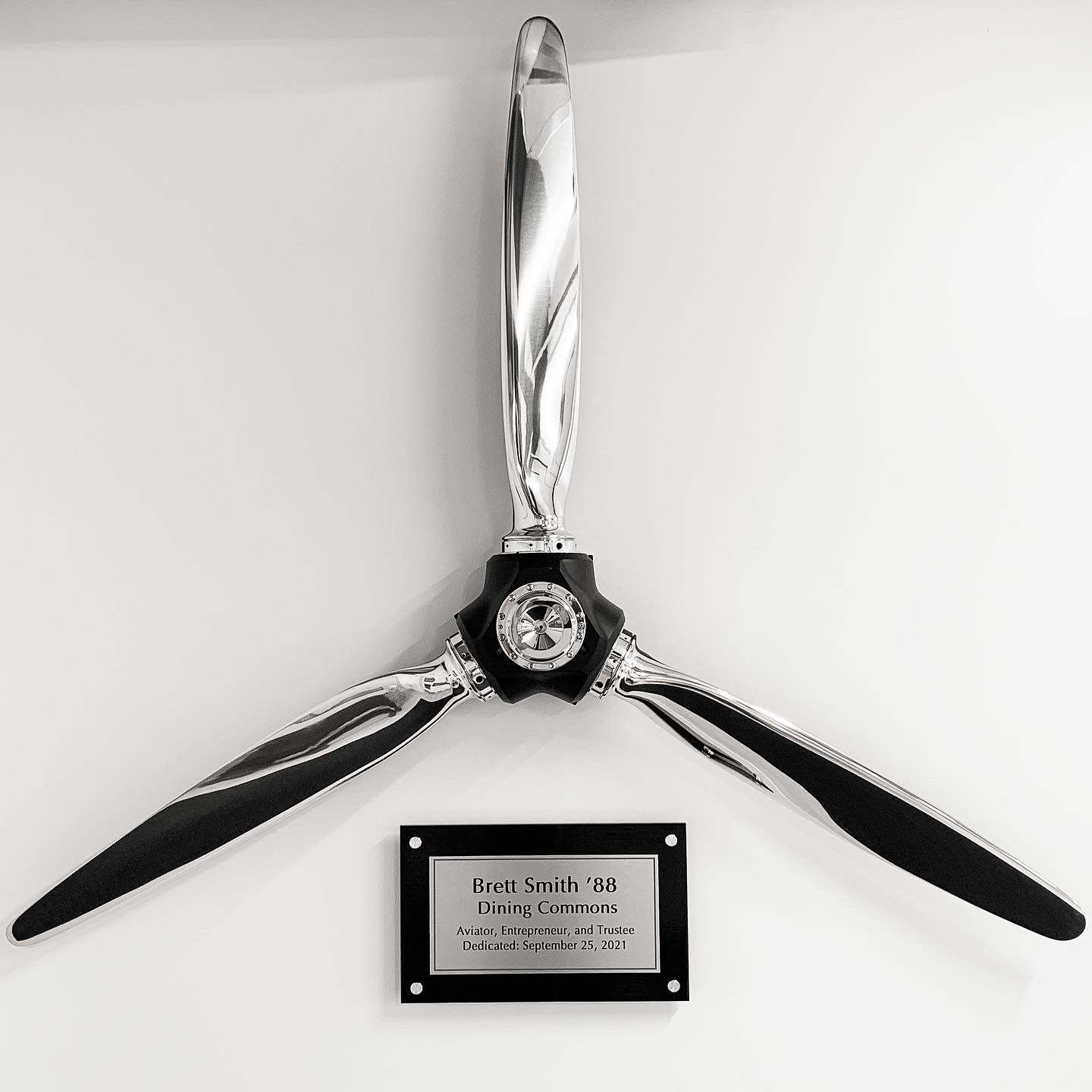 3-bladed McCauley aluminum metal airplane propeller wall sculpture with high polished chrome finish and black hub