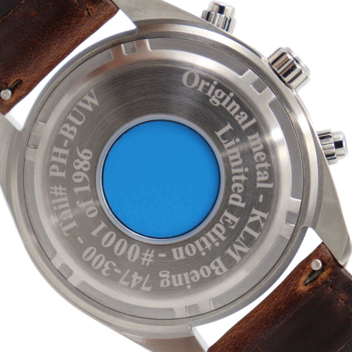747 Tribute stainless steel watch with black dial and KLM 747 airframe artifact